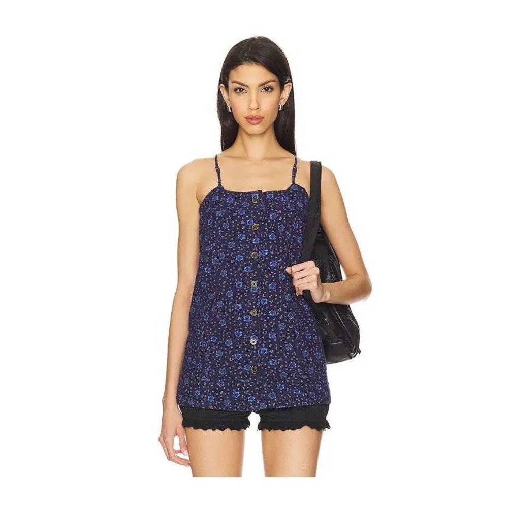 Free People Navy Blue Floral Button Down Camisole Top Cotton Size M OB801831